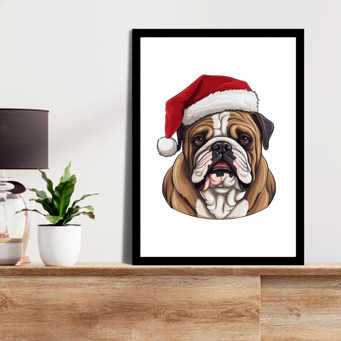 English Bulldog In Santa Hat Detailed Portrait Christmas Print - Image 3