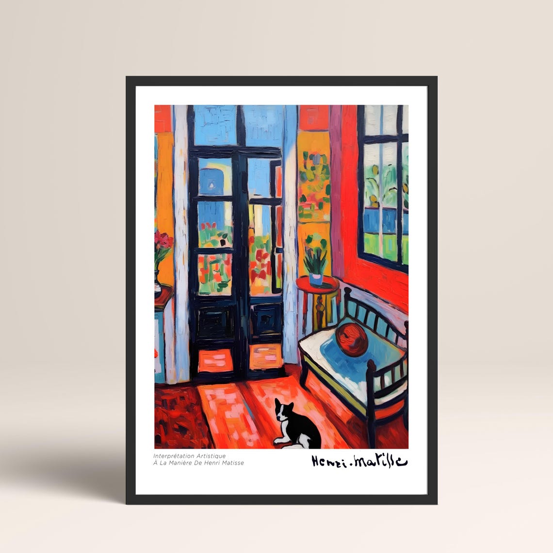 Matisse Style Bold Red Interior Black Cat Window Scene Art Poster - Image 3
