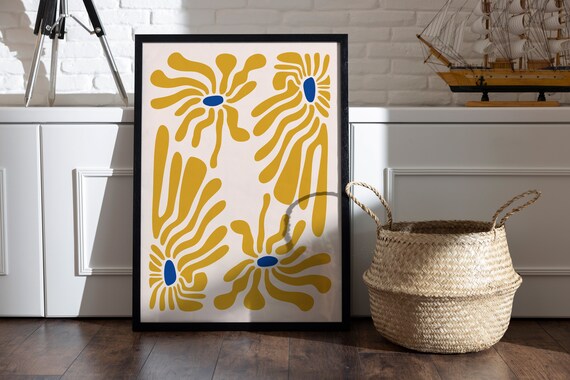 Mustard Yellow Swirl Blooms Blue Centers Abstract Art Poster