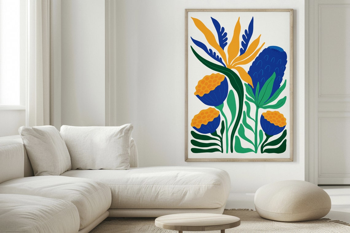 Tropical Blue Orange Protea Blooms Bold Statement Botanical Poster