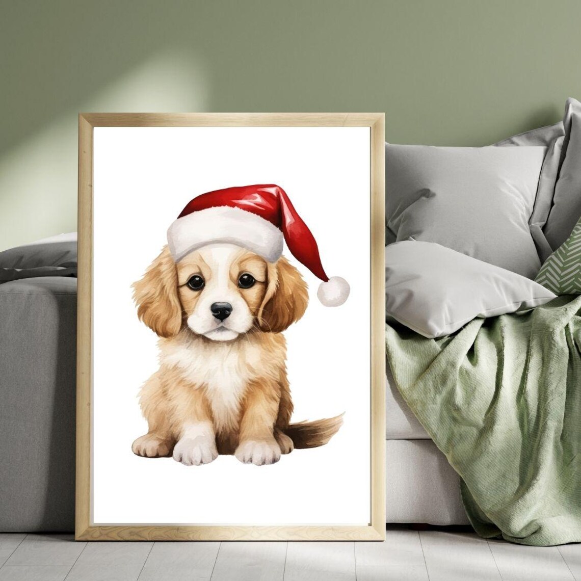 Golden Cocker Spaniel Puppy In Santa Hat Watercolor Christmas Print