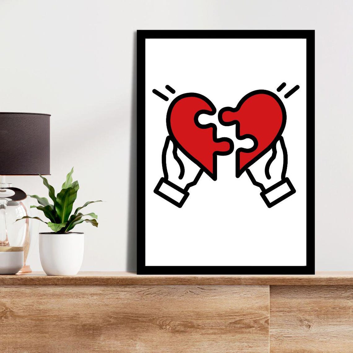 Keith Haring Style Hands Holding Puzzle Heart Romantic Pop Art Poster