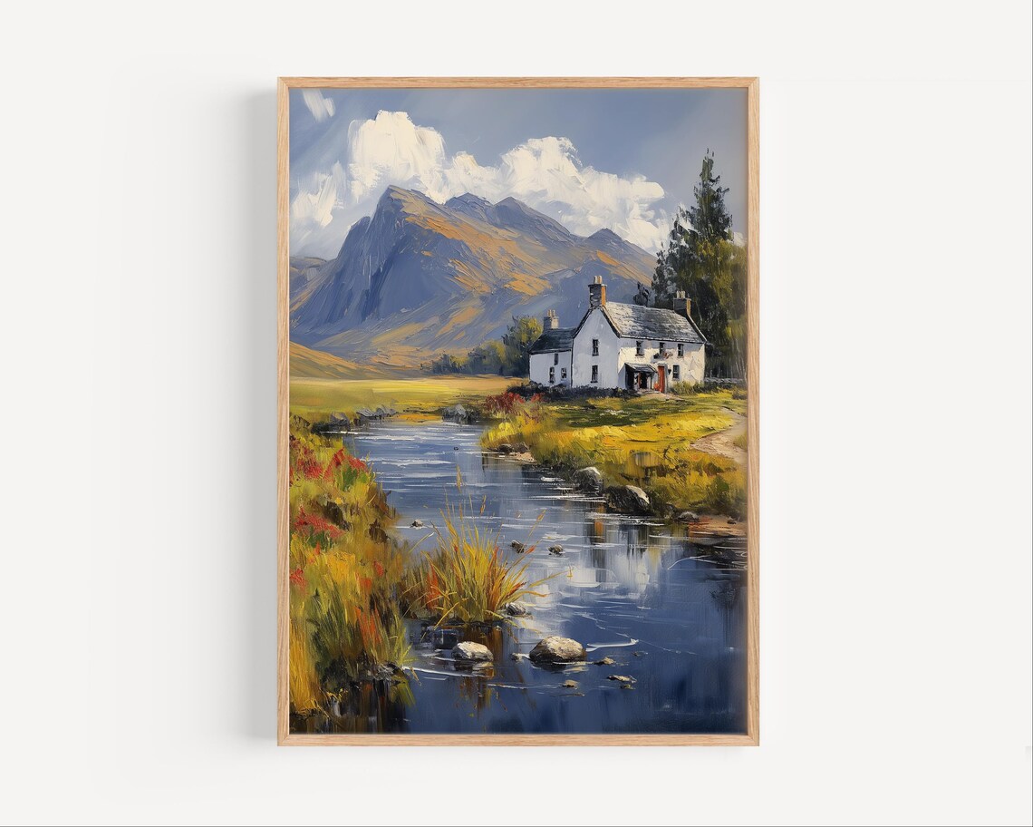 White Cottage By A Creek Beneath Mountain Peaks Landscape Poster
