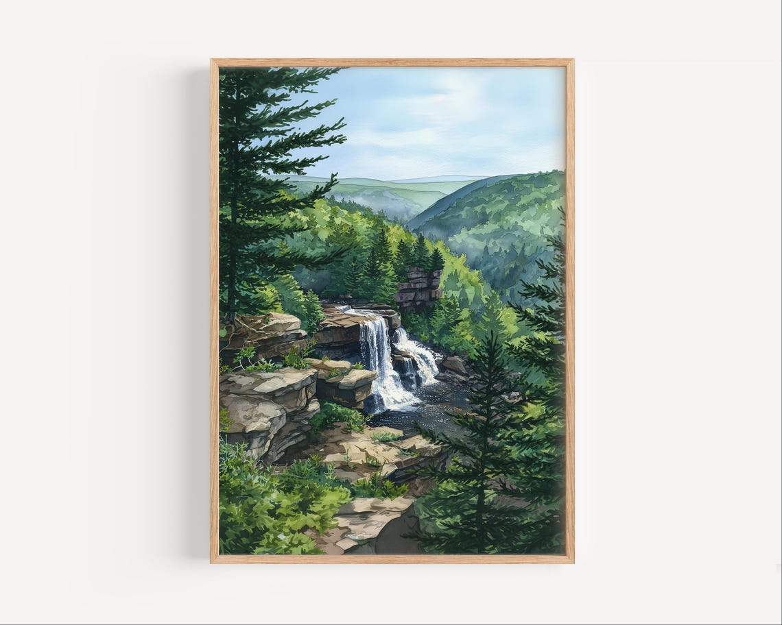 Blackwater Falls West Virginia Watercolor Waterfall Forest Poster