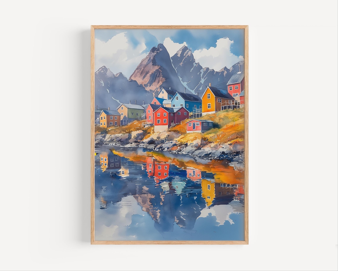 Colorful Harbor Village Mountain Reflection Calm Water Watercolor Poster