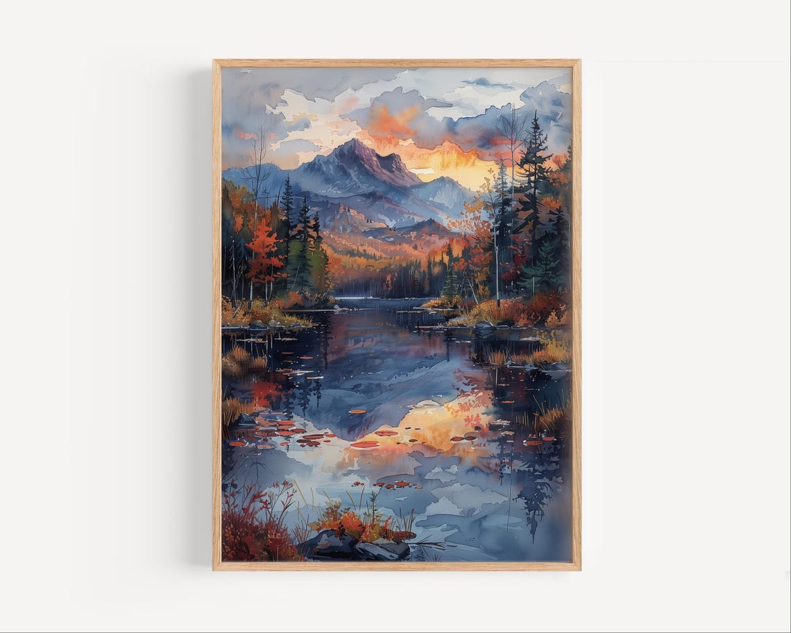 Adirondack Mountains Sunset Lake Reflection Watercolor Poster