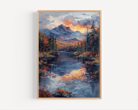 Adirondack Mountains Sunset Lake Reflection Watercolor Poster