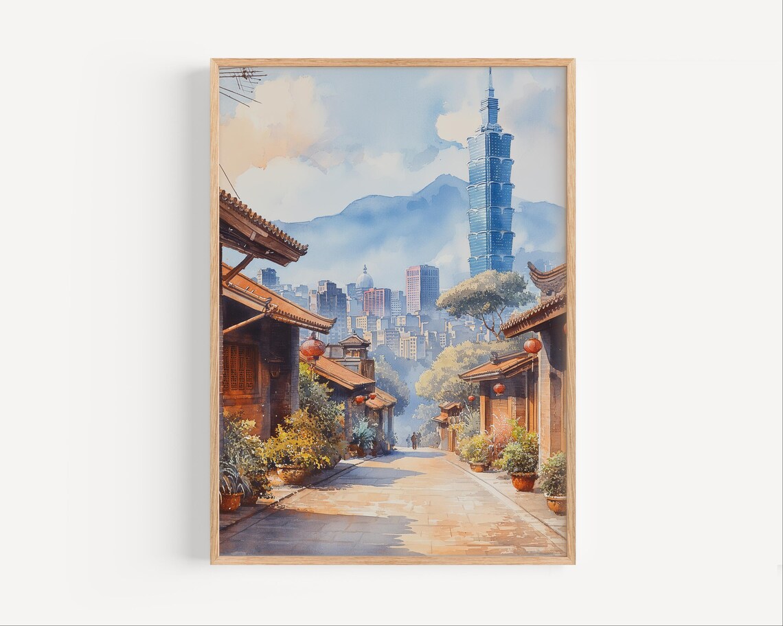 Taipei Taiwan Skyline Watercolor Art Print, Travel Poster