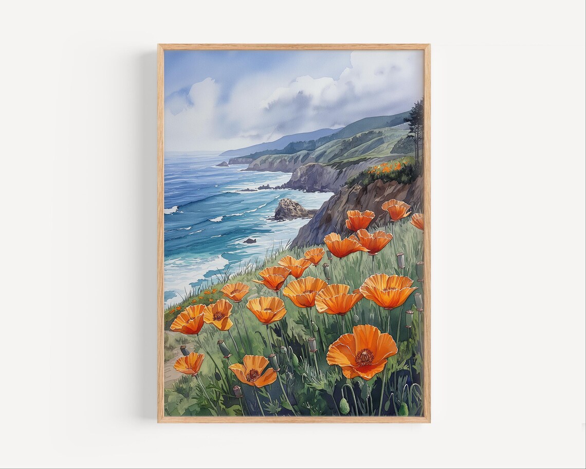 Orange Poppy Wildflowers Watercolor Coastal Cliff Ocean View Painting Poster