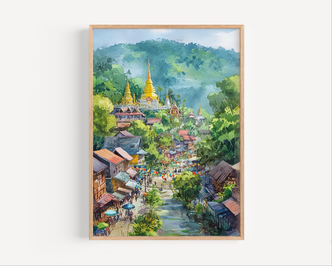 Golden Buddhist Temple Village Watercolor Asian Landscape Poster