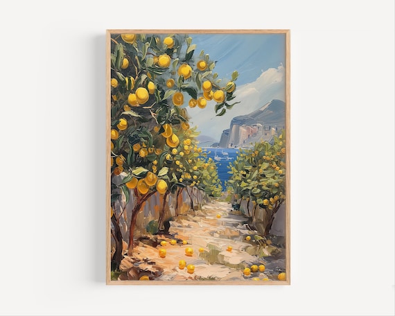 Lemon Tree Grove Overlooking Blue Sea Vintage Oil Painting Poster