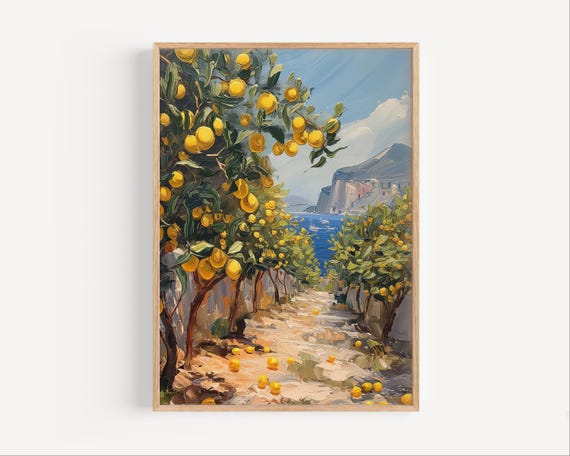 Lemon Trees On Italian Coastline Abstract Oil Painting Amalfi Coast Tree Travel Poster Or Canvas Print Gicle Gift Paint Style