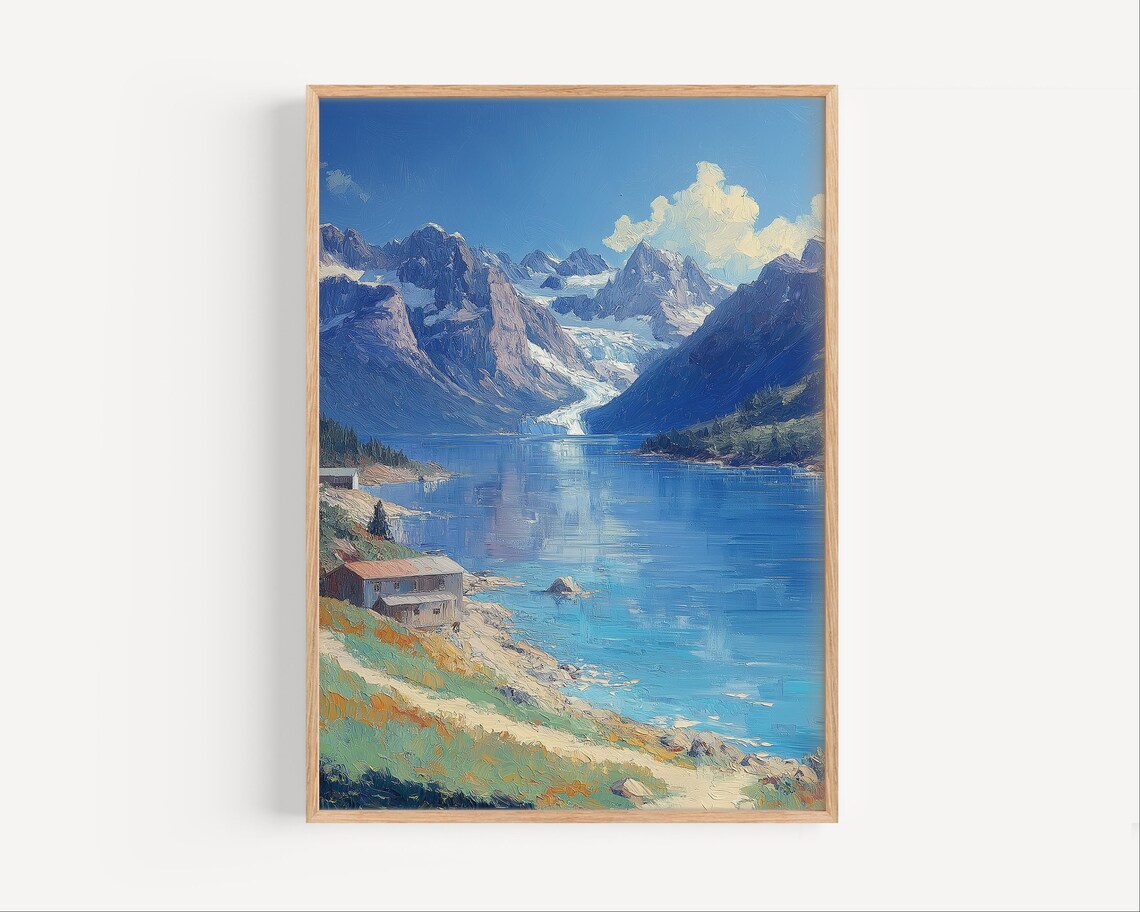 Snowy Fjord Lake Lakeside Cabin Glacier Peaks Oil Painting Poster