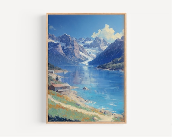Snowy Fjord Lake Lakeside Cabin Glacier Peaks Oil Painting Poster
