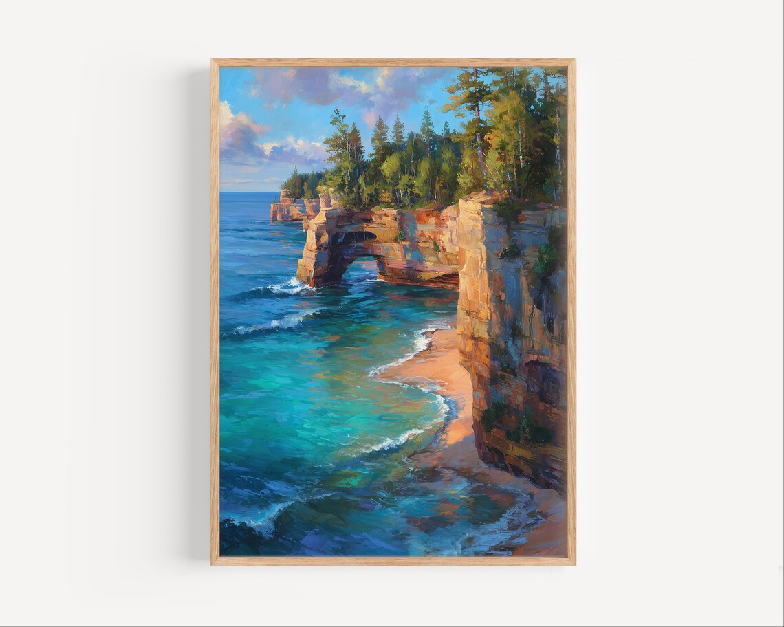 Dramatic Sea Arch and Rocky Cliffs Over Turquoise Ocean Painting Poster