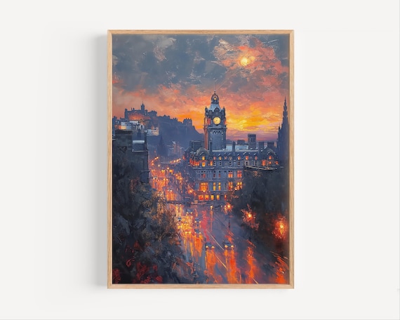 Edinburgh Scotland Cityscape Sunset Oil Painting Balmoral Clock Scottish Travel Poster Print Or Canvas Wall Art Gift Architecture Souvenir