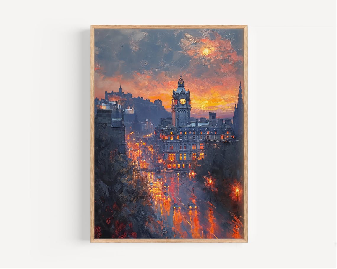Edinburgh Scotland Cityscape Sunset Oil Painting Balmoral Clock Poster