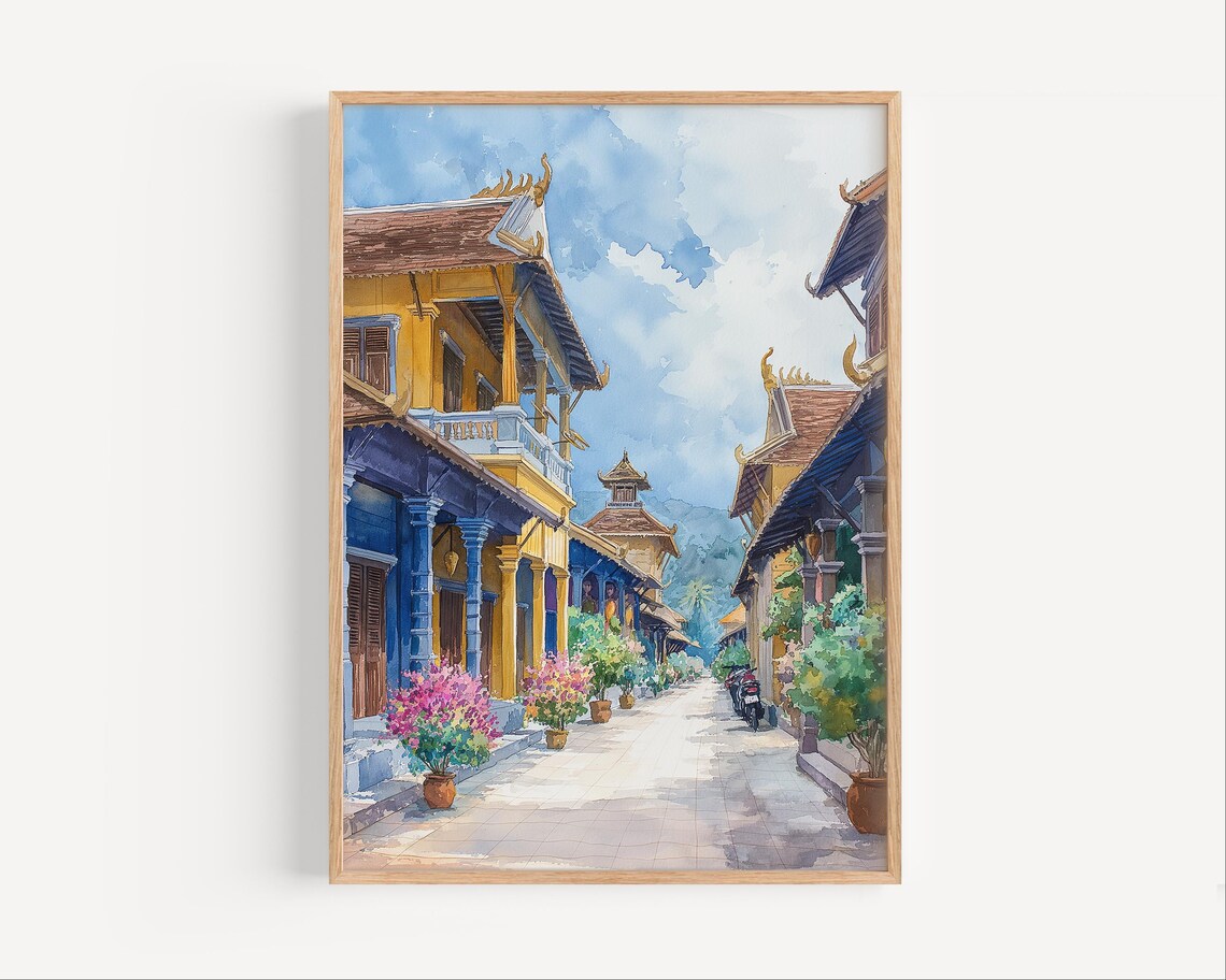 Battambang Cambodia Colonial Street Watercolor Travel Art Poster