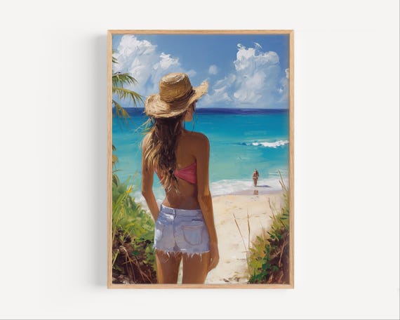 Barbados Beach Oil Painting Caribbean Island Beautiful Woman Travel Poster Print Or Canvas Wall Art Gift Seaside Tropical Paint Style