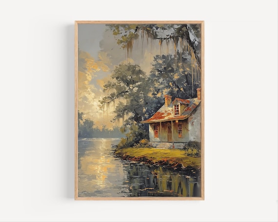 Quiet Louisiana Bayou Cabin Spanish Moss Dusk Oil Painting Poster