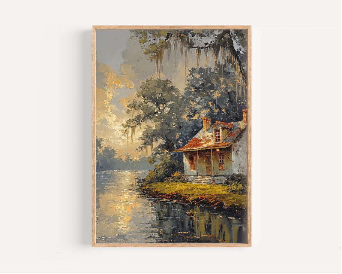 Rural House In Louisiana Bayou Oil Painting Southern Usa Swamp Travel Poster Print Or Canvas Marsh Gift South Wetlands Present