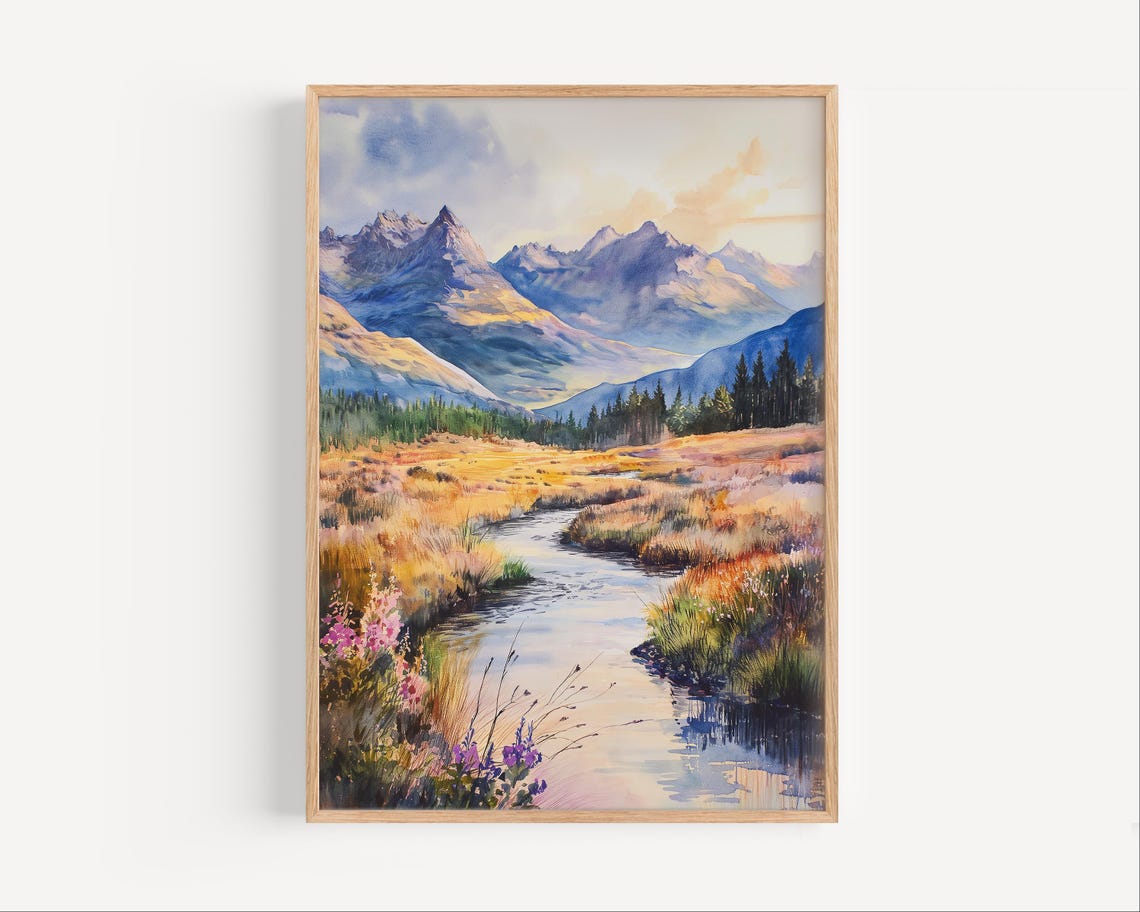 Mountain Stream Meadow Wildflowers Watercolor Landscape Poster