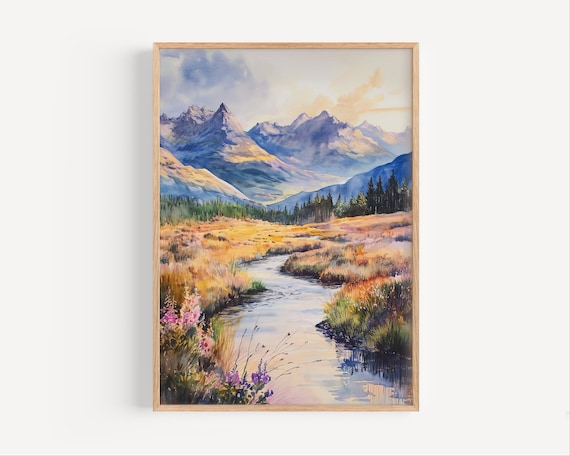 Mountain Stream Meadow Wildflowers Watercolor Landscape Poster