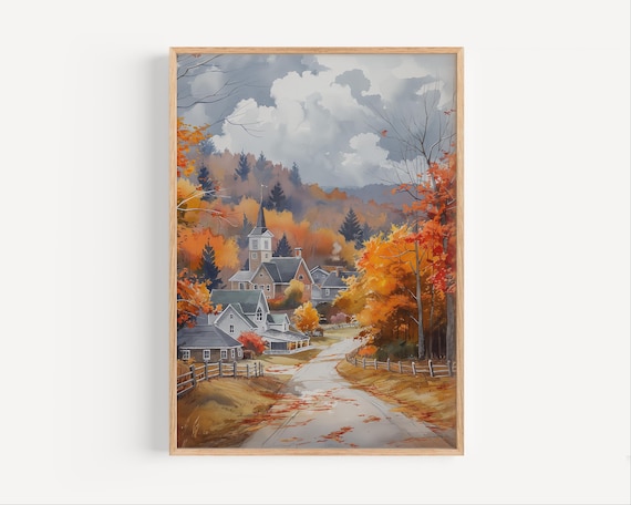 Connecticut Autumn Watercolor Painting Fall Rural Town Northeastern Usa Poster Print Or Canvas New England Wall Art Gift