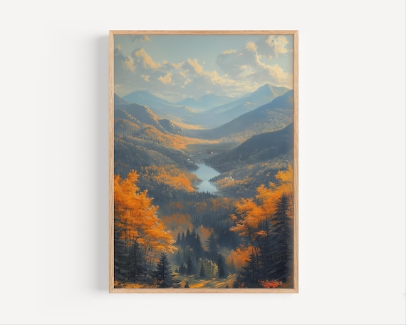 Golden Autumn Mountain Valley with Lake Breathtaking Fall Art Poster