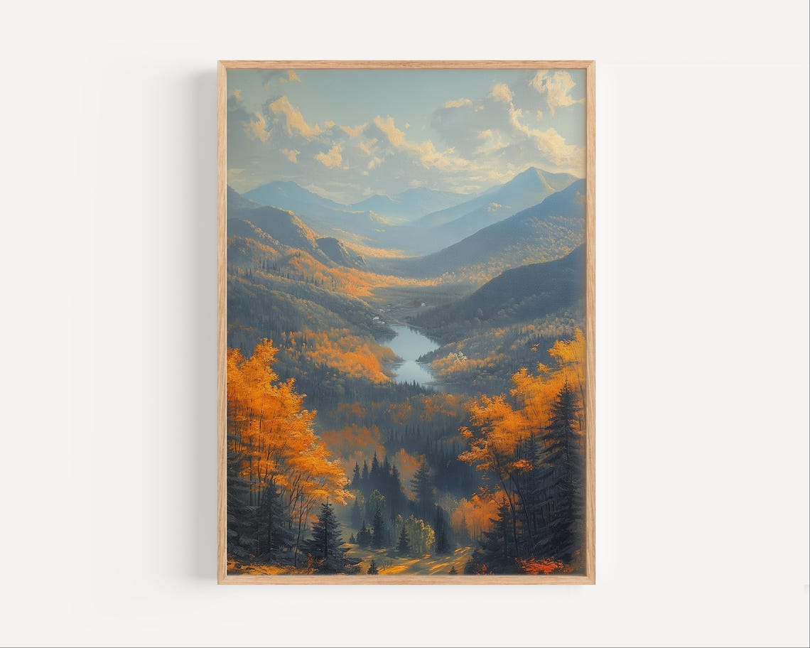 Golden Autumn Mountain Valley with Lake Breathtaking Fall Art Poster