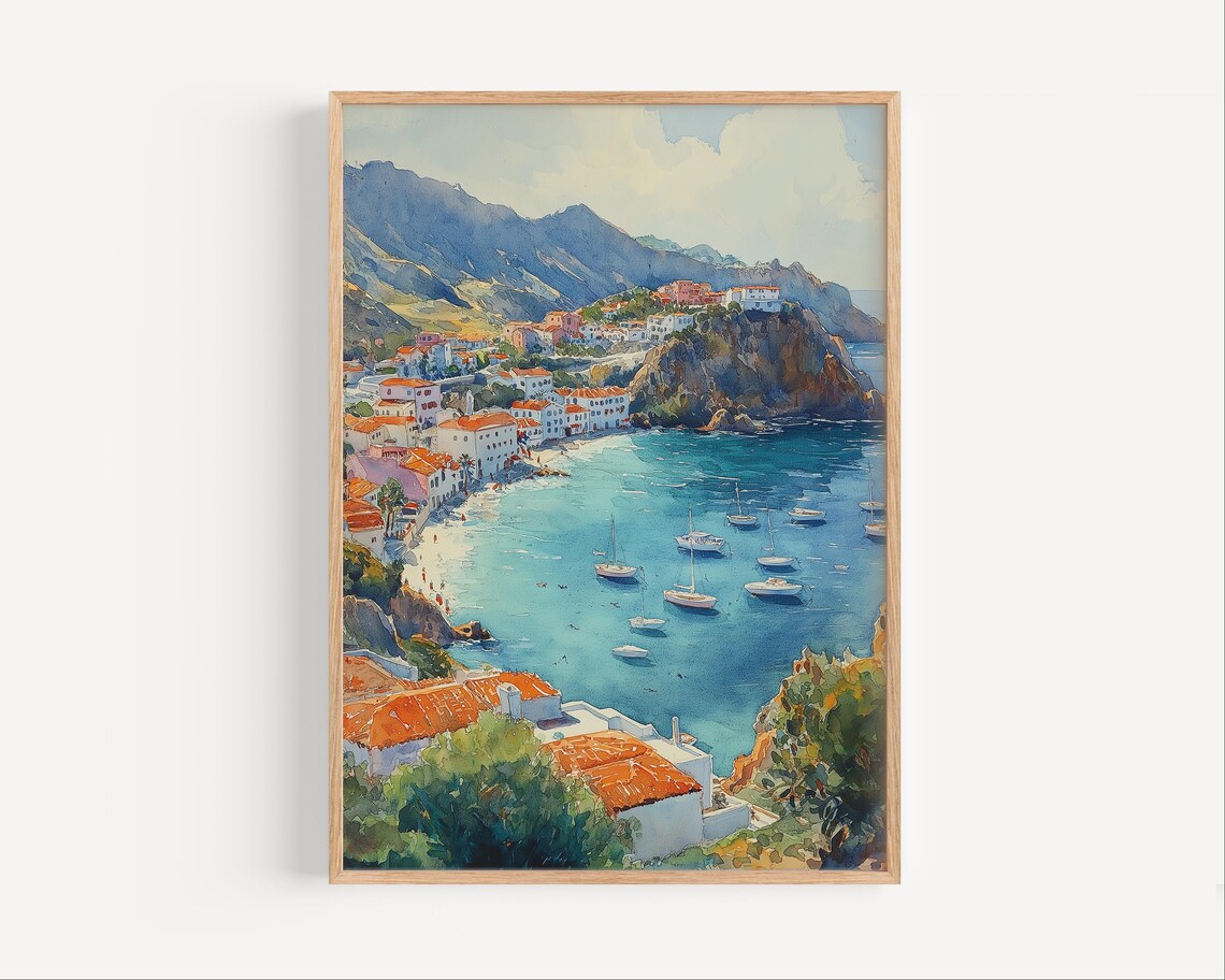 Catalina Island Santa Coastal Town Bay Watercolor Travel Poster