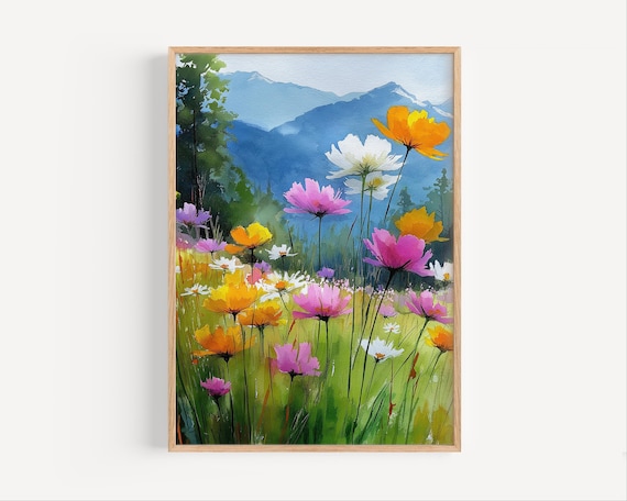 Colorful Cosmos Wildflower Meadow Mountain Watercolor Painting Poster