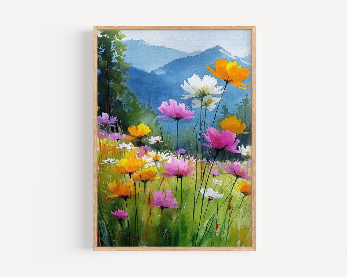 Colorful Cosmos Wildflower Meadow Mountain Watercolor Painting Poster