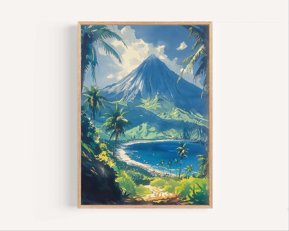 Mount Mayon Volcano Tropical Bay Watercolor Philippines Art Poster