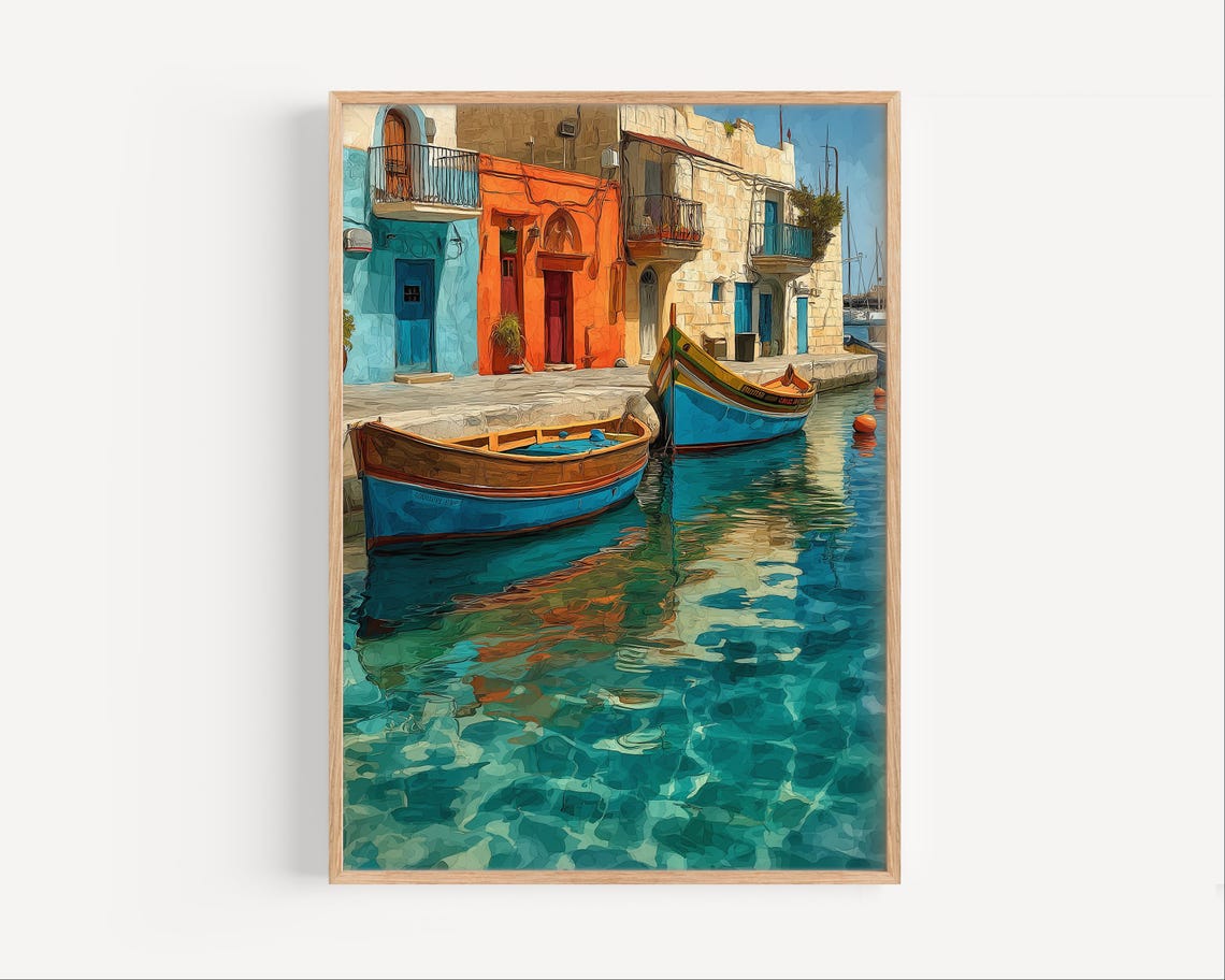 Colorful Fishing Boats in a Mediterranean Harbor Watercolor Poster