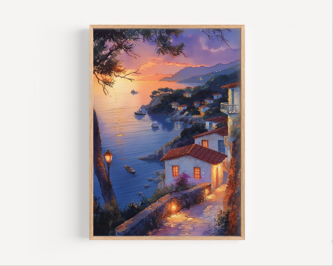 Skiathos Greece Sunset Bay White Houses Boats Watercolor Poster