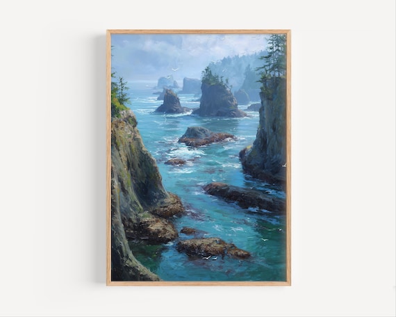 Dramatic Coastal Cliffs Sea Stacks Blue Ocean Scenic View Poster