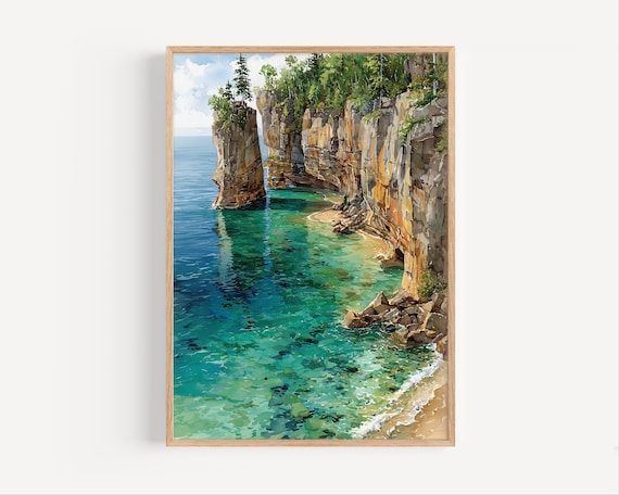 Pictured Rocks Lake Michigan Cliffs Turquoise Watercolor Poster