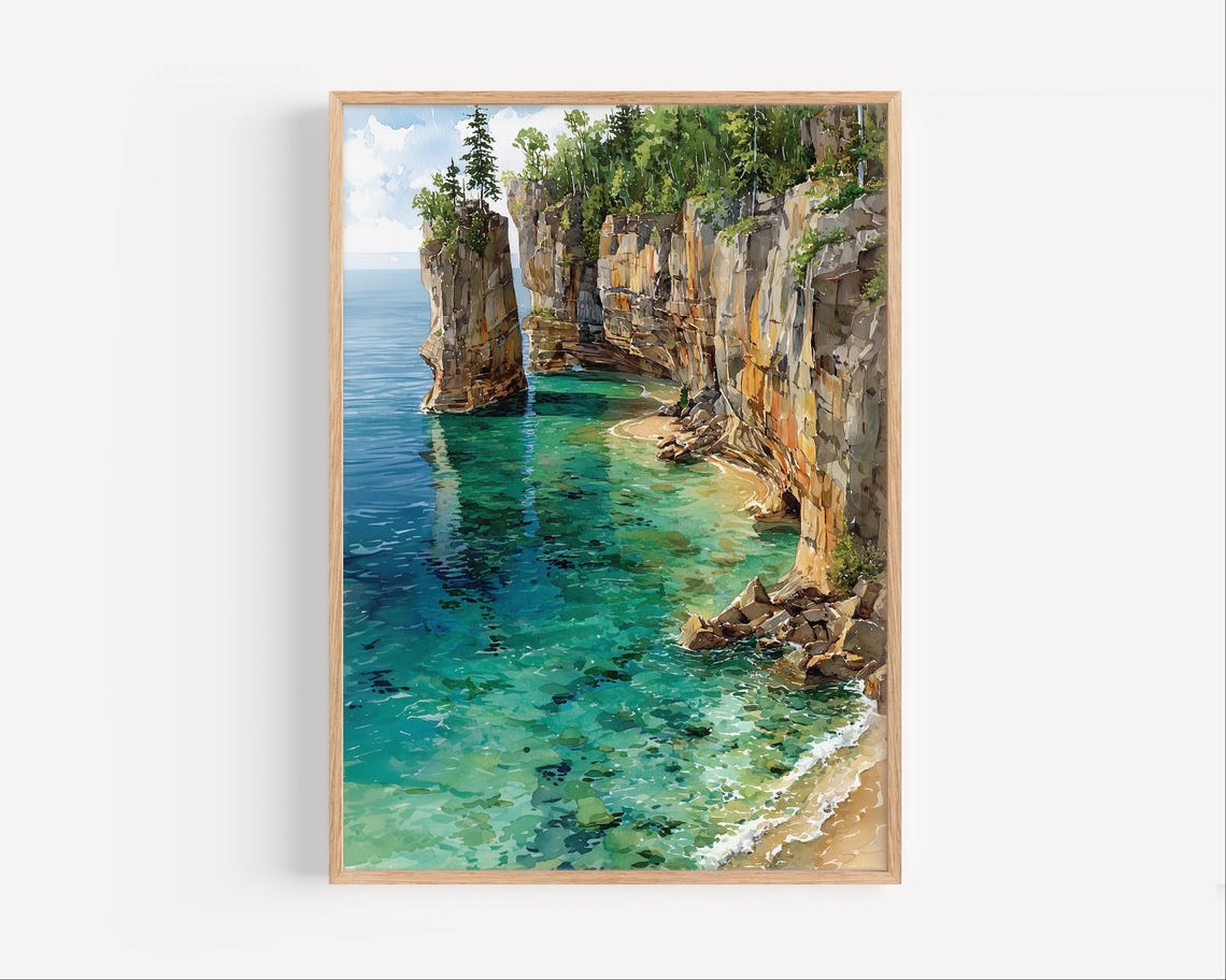 Pictured Rocks Lake Michigan Cliffs Turquoise Watercolor Poster