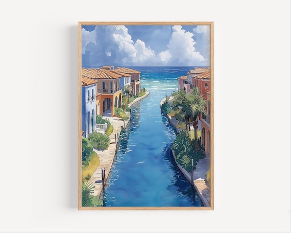 Sunny Coastal Canal Waterfront Villas Mediterranean Art Poster