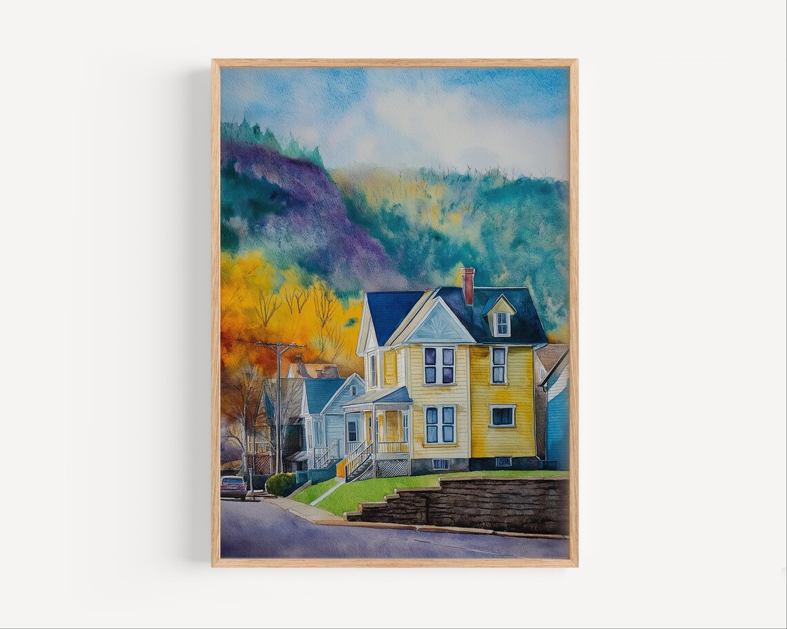 West Virginia Yellow Victorian House Autumn Watercolor Town Poster