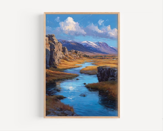 Thingvellir National Park Iceland Oil Painting River Valley Poster