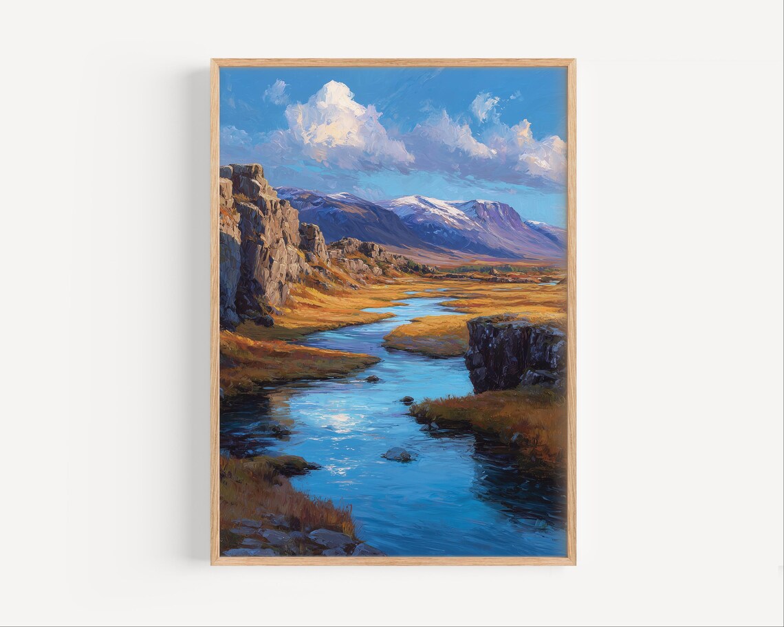 Thingvellir National Park Iceland Oil Painting River Valley Poster