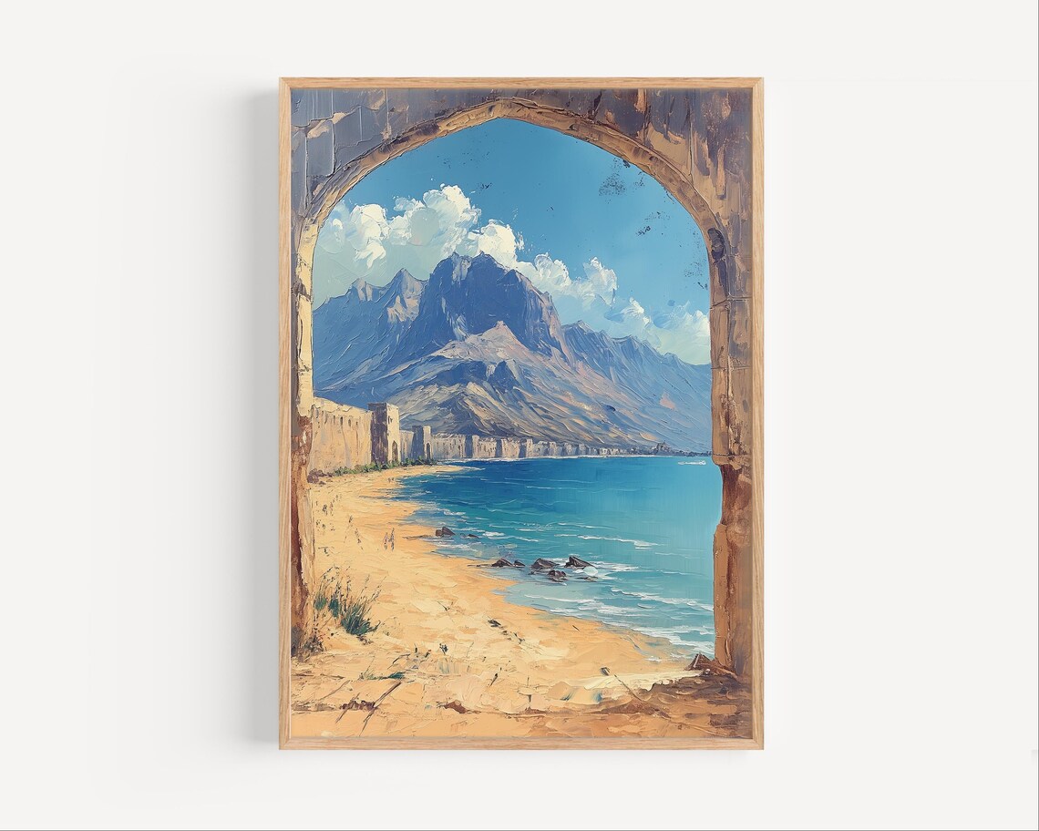 Blue Coastal Mountain Beach Through Stone Archway Painting Poster