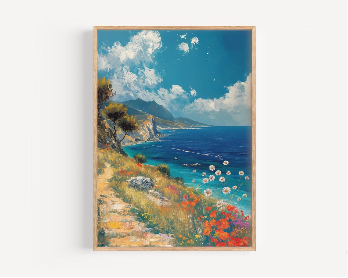 Mediterranean Coast Wildflowers Cliffside Sea Oil Painting Poster
