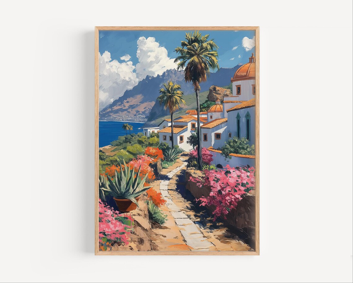 Tenerife Spain Island Village Palm Trees Oil Painting Poster