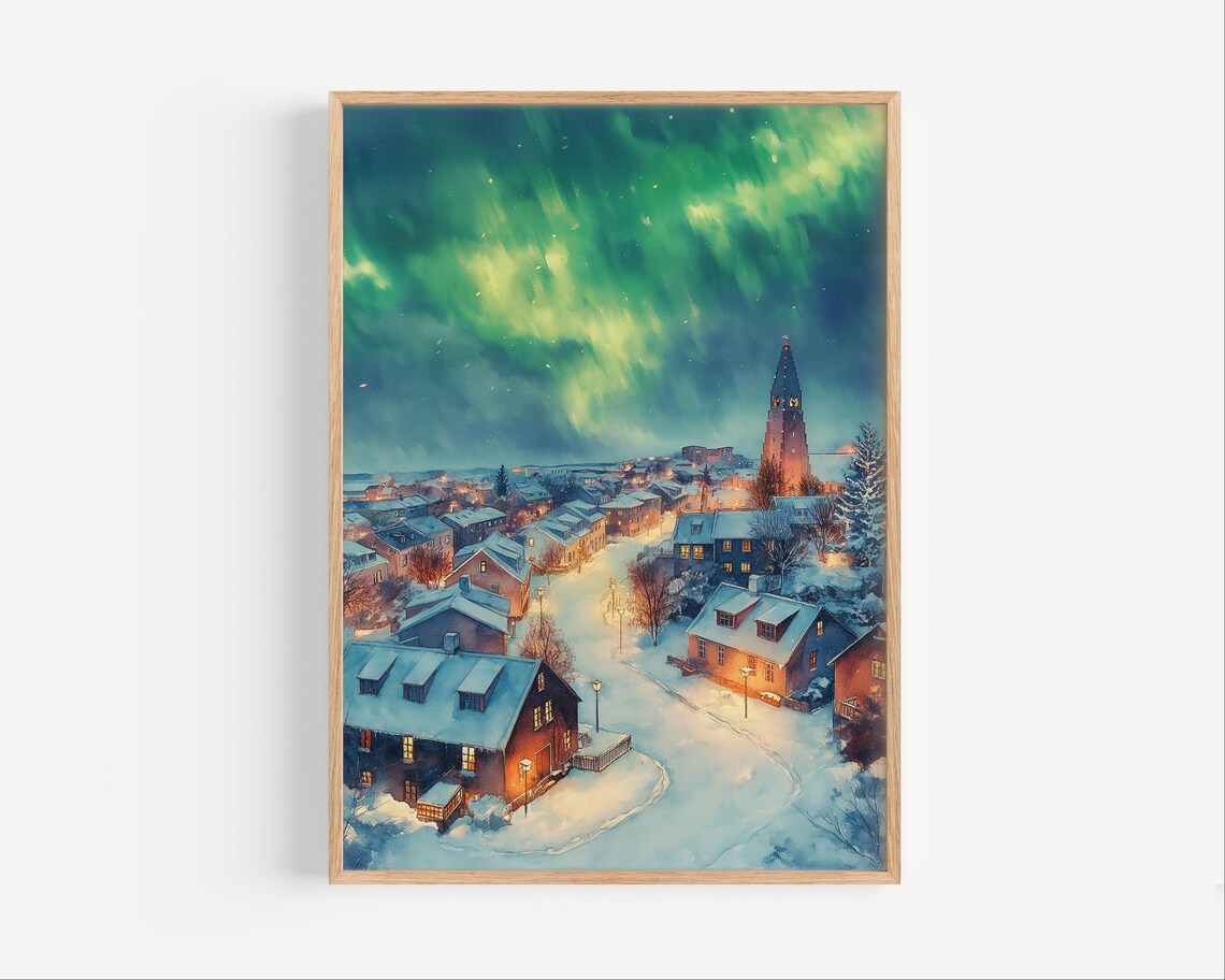 Reykjavik Iceland Northern Lights Snowy Town Aurora Art Poster