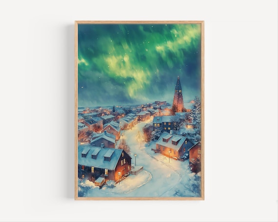 Reykjavik Iceland Northern Lights Snowy Town Aurora Art Poster