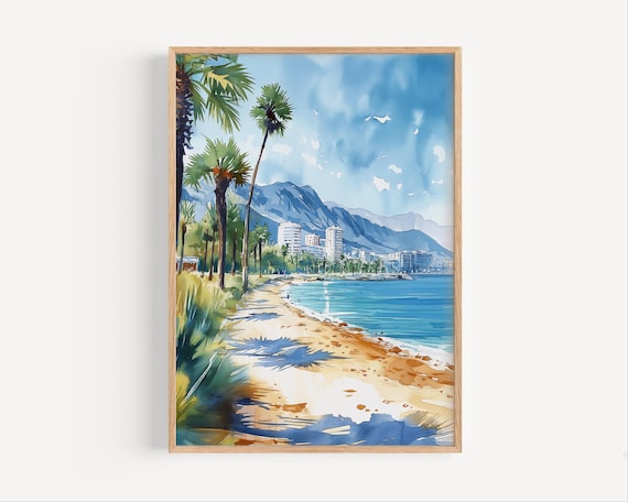 Costa Del Sol Palm Beach Watercolor Mountains Seaside View Poster