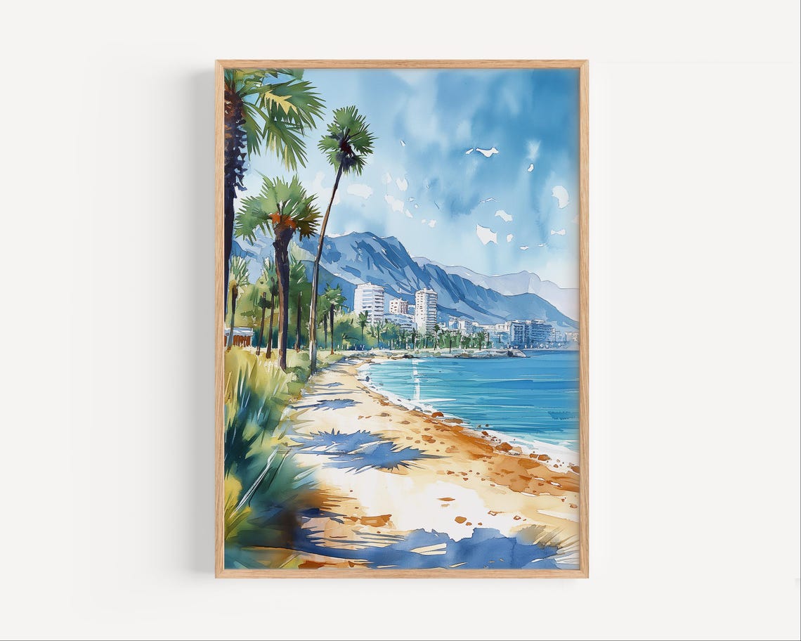 Costa Del Sol Palm Beach Watercolor Mountains Seaside View Poster
